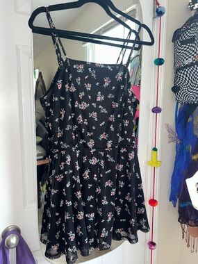 Xhilaration Black Romper with Pink Florals and Mint Leaves